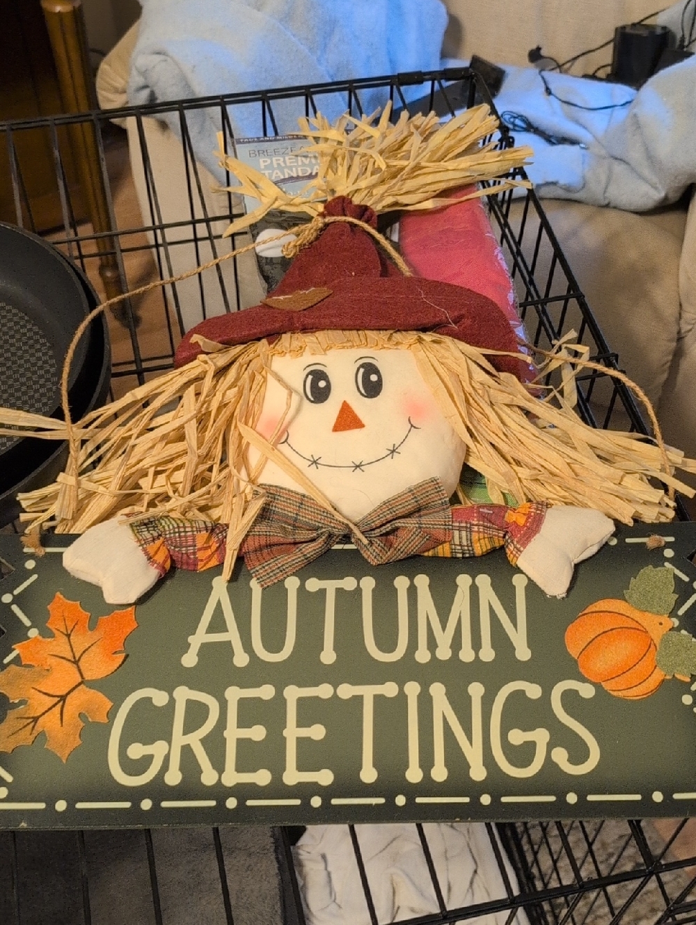 Autumn Greetings Scarecrow Sign with Straw Hat